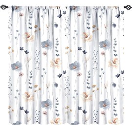 Watercolor Floral Curtains, Abstract Blue Beige Flowers Branches Leaves Print Background Rod Sleeves Window Drapes for Living Room Bedroom Kitchen Home Decor W42xL45in