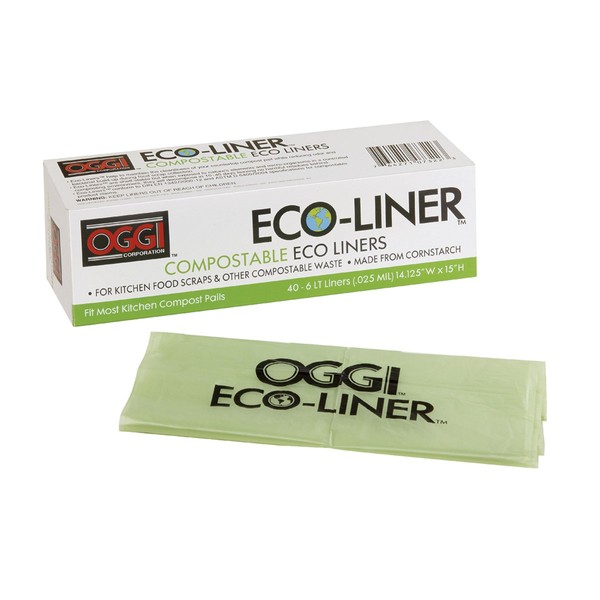 OGGI Eco-Liner Compostable Liners- Box of 40 Liners for Countertop Compost Bin with Lid, 6-Liter Compostable Bags, Eco Friendly Products - Bags Meet International OK Compost Home Standards