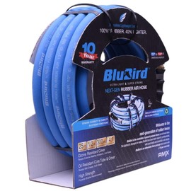 BLUBIRD BB1225 1/2" x 25' Rubber Air Hose, 100% Rubber, Lightest, Strongest, Most Flexible, 300 PSI, 50F to 190F Degrees, Ozone Resistant, High Strength Polyester Braided