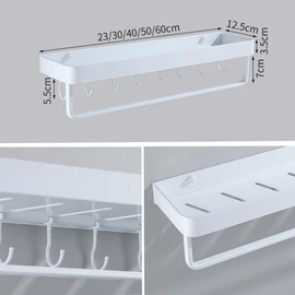 AJINGELA Wall Mounted Floating Metal Storage Shelf, White Bathroom Shelves, Space Saving, Rustproof, Extra Strong Floating Storage Shelf with 4 Hooks (30 cm)