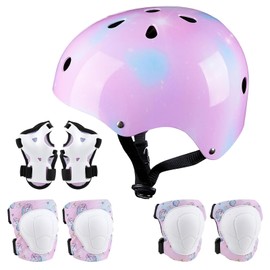 Basumee Kids Helmet and Pads Set Age 3-8 Years Kids Skateboard Helmet Knee Pads Elbow Pads Wrist Pads for Roller Scooter Cycling Skating, Pink