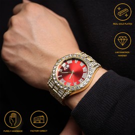 Halukakah Men's Diamond Gold Watch ● President ● 18K Real Gold Plated/Platinum White Gold-Plated 42 mm Wide Green/Blue/Red Bracelet with Lab Diamonds 24 cm, Cuban Link Chain 20 + 45 cm, Includes Gift