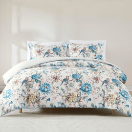 Lush Decor Bird and Hydrangea Cotton Duvet Cover 3 Piece Set Full/Queen Teal & Neutral - Floral Duvet - Bedding Set - Vintage Coquette Decor