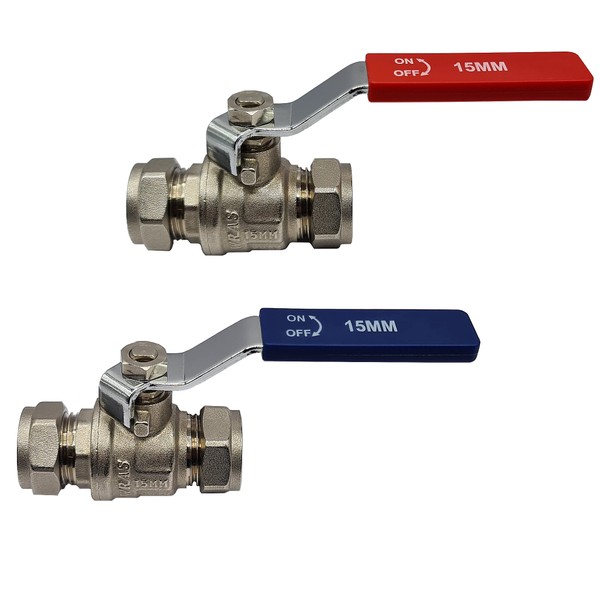2X Lever Ball Valves (15mm) Full Bore with Red & Blue Handle Compression Fitting Shut Off Iso Valve by Pipestation