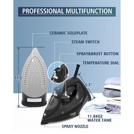 OMAIGA Steam Iron for Clothes, 1500W Clothes Iron with Non-Stick Soleplate, Clothing Iron with 11.84oz Water Tank, Self-Cleaning, Anti-calc Function