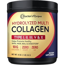 Doctor's Recipes Polvo de péptidos de colágeno múltiple para mujeres y hombres, proteína hidrolizada bovina alimentada con pasto tipo I, II, III y VX, para piel, cabello y uñas, sin sabor, fácil de de