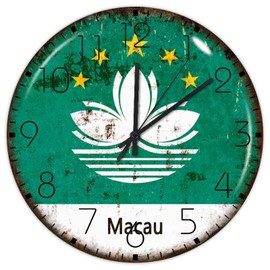 Autravelco 15 Inch Silent Non-Ticking Wall Clocks Battery Operated Macau Wall Decor for Patio Gift Flag Vivid Color Frameless Round Wooden Wall Clock Vintage for Gym Fitness Room