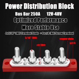 maierke 250A Bus Bar 12V Marine 5/16" Power Distribution Block Automotive Busbar Terminal Block,Battery Buss Bar (Pair, Red & Black) 4 x 5/16" Post 6 x #8 Screws Terminals