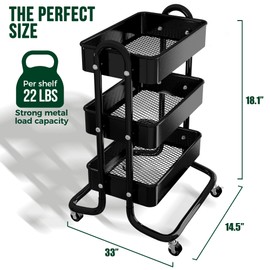 Generic Zenithmarket Rolling Carts with Wheels, 3-Tier Slim Design, Metal Frame, Plastic Trays, Black Kitchen Cart for Groceries, Bathrooms, and Office Supplies, ZJ-7006