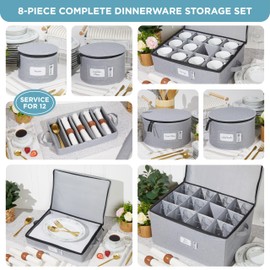Hard Shell China Storage Containers 8-Piece Set Moving Boxes for Dinnerware, Glasses, Plates, Mugs and Saucers Sturdy Dish Organizer with Dividers for Seasonal Storage - Service for 12 - Gray
