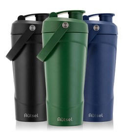 Autsel Protein Shaker Stainless Steel, 750 ml Drinking Bottle, Leak-Proof, Sports Water Bottle with Ball, Protein Shaker Cup for Gym, Training, On the Go and Everyday Life, BPA-Free, Dark Green