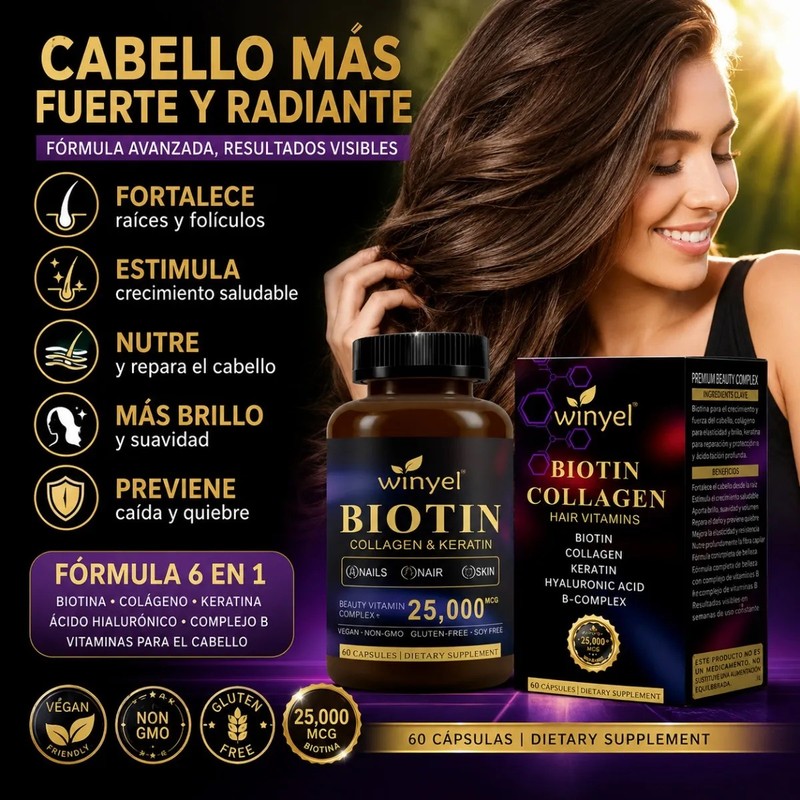 Biotina Con Colágeno Queratina Ácido Hialurónico 60 Caps