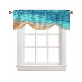 RisQiten Aqua Ombre Coastal Tie Up Valance Curtains for Windows, Summer Nautical Beach Kitchen Curtains Window Treatments, Ocean Seaside Short Window Shades Valances for Bedroom Bathroom Cafe 54"x18"