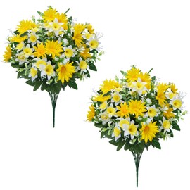 Minnhua Artificial Daffodils Flowers 14 Stems Mixed Dasiy Bouquet Narcissus Silk Daffodils Faux Spring Flowers for Flower Arrangement Indoor Outdoor Home Cemetery Decor（Yellow, White，2pcs）