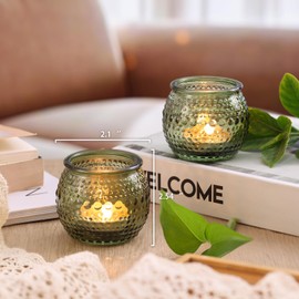 16 Pcs Green Votive Candle Holders, Round Glass Tea Lights Holder with Polka Dot Embossed, Votive Candle Holders for Weddings, Home Decor, Baby Shower, Special Occasions