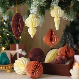 Moinchore 18 Pcs Christmas Paper Honeycomb Decorations Paper Hanging Ornament for Tree Christmas Tree Paper Ornament Honeycomb Paper Party Ornament for Xmas Holiday(Brown, Dark Brown, Light Khaki)