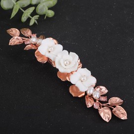 Rumtock Rose Gold Leaf White Flowe Hair Clip for Women Girls Wedding Bridal Hair Accessories Handmade Side Headpiece Banquet Prom (Rose Gold)
