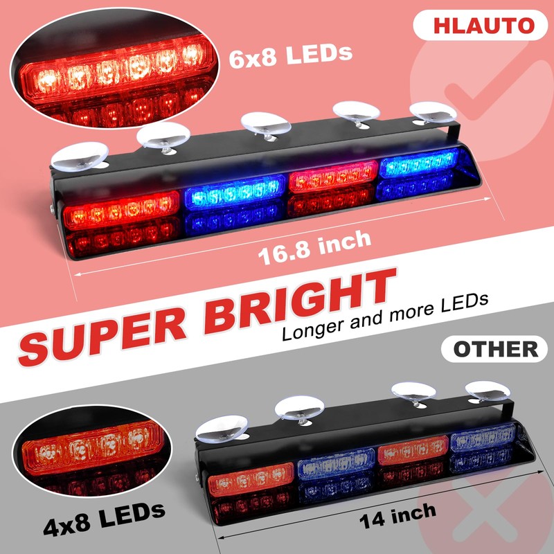 HLauto 6Z4J Emergency Dash Strobe Lights: 2x16.8 inch Red Blue