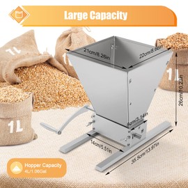 2 Roller Malt Mill Manual Grain Crusher 4L Stainless Steel Grain Mill Grinder Adjustable Roller Distance(0-2.5mm), Hand Mill Grinding Machine for Electric Drill(Not Included)