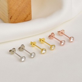 Small Stud Earrings Sterling Silver 925 Gold-Plated for Men and Women Mini Cubic Zirconia Stud Earrings 3 mm 4 mm 5 mm, Zirconia, Cubic Zirconia