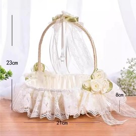 Large Flower Girl Baskets for Weddings, Handwoven Flower Girl Basket with Swingable Lace Handle Satin Flowers and Bows Fairy Lace Bowknot Decoration and Party Supplies