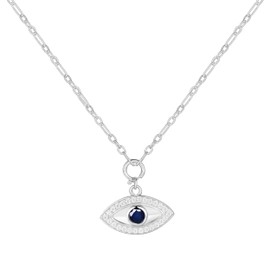 Fine Color Jewels Evil Eye Necklace | 14 inch Sterling Silver Chain | Birthstone Necklace for Girlfriend | Sterling Silver Pendant Necklace, Sterling Silver, Sapphire