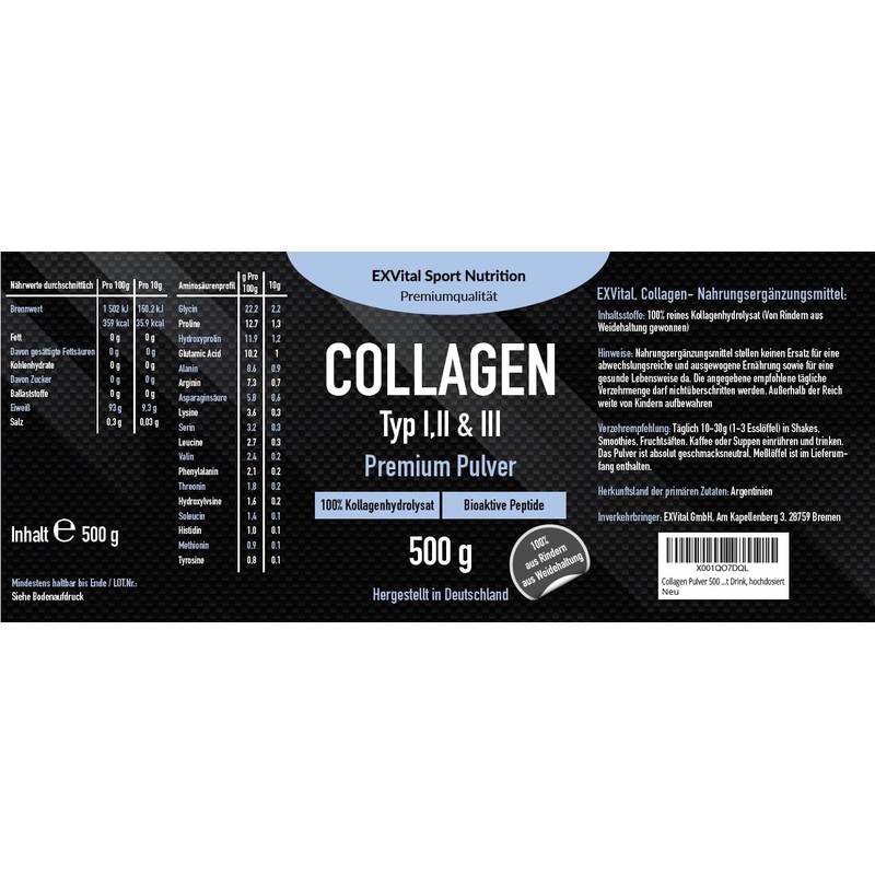 Collagen Powder, 500 g, Bioactive Collagen Hydrolysate Peptides, Protein Powder,