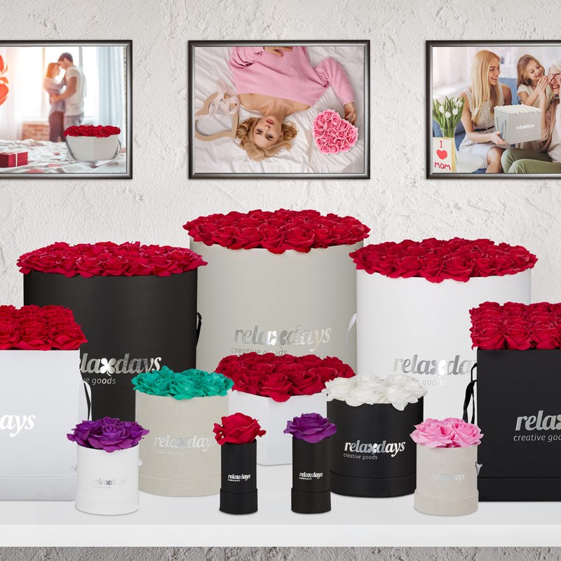 Relaxdays Round Rose Box, 4 Roses, Flower Box, White, Long