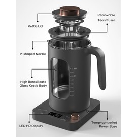 Electric Tea Kettle, INTASTING Glass Electric Kettle with tea Infuser and Precise knob temperature control, 1200W Fast Heating, BPA-Free, Easy to Clean, for Tea and coffee, 1 Liter (Dark Gray)