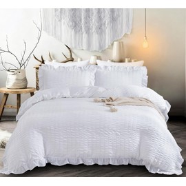 White Double Duvet Cover Set - 3 Pieces Seersucker Ruffle Bedding Sets (1 Duvet Cover and 2 Pillowcases) - Soft Microfiber Bed Sets for All Seasons 200x200 cm