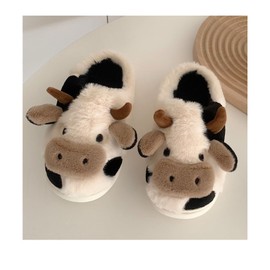 Yoroka Cartoon Fuzzy Slippers Animal Shape Plush Slippers Thick Sole Soft Winter Indoor Slippers for Women and Men, Cow(winter), 8.5-9 Women/8-8.5 Men