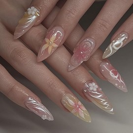 Handmade Press on Nails Medium Almond MABKJLF 3D Fake Nails Pink Yellow False Nails with Designs Floral Pearls Flower Nails Glossy Glue on Nails Spring Summer Acrylic Nails for Women Girls 24 Pcs