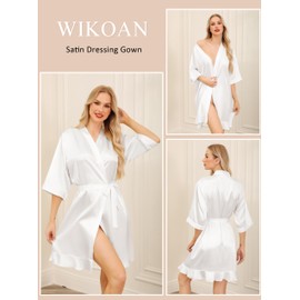 Wikoan Women's Satin Bathrobe Soft Dressing Gown Silk Kimono V-Neck Wedding Robe for Spa Hotel House Lightweight Bathrobe S-XXL, White, XXL