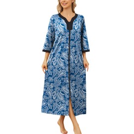 Bloggerlove Women's Sleepwear Zip Up Robe Plus Size Nightgown Duster Housecoat Short Sleeve Bathrobe Grandma House Wear Mumu Dresses Sleepshirt Maxi Kaftan Lounger mothers day gifts