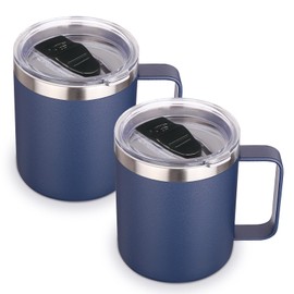 Volhoply - Taza de café aislada de acero inoxidable de 14 oz con tapa 2 pack,Taza de café aislada,Taza de café de viaje con asa,Taza de camping,Regalo de Navidad (Marino,2 Set)