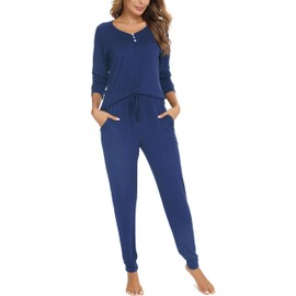 Vlazom Pyjamas Set for Women, Super Soft Pj's Sets Long Sleeve Tops and Pants Ladies Pyjamas Set with Pockets,A-Cobalt Blue,L
