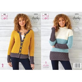 King Cole Ladies Chunky Knitting Pattern Cardigan & High Neck Sweater (5894), 32'' - 44''