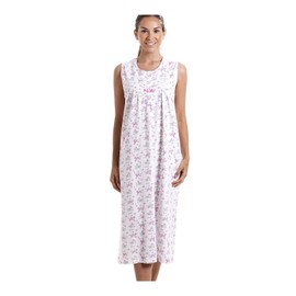 Camille Womens Floral Lightweight Nightdress - Ladies Sleeveless 100% Jersey Cotton Nightie - Comfortable & Breathable Nightwear with Button Fastening Pink 16-18