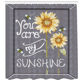 Ambesonne You are My Sunshine Shower Curtain, You are My Sunshine Words on Blackboard Bees Sunflowers Vintage Image, Cloth Fabric Bathroom Decor Set with Hooks, 70" Long, Yellow Grey