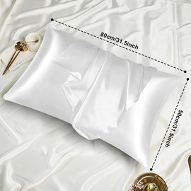 AUAUY Set of 2 Satin Cushion Covers 50 x 80 cm, Soft as Silk Cushion Cover, Better Care than Silk Pillose Case, Satin Pillowcase Cushion Cover for Hair and Skin with Eye Mask 2 Hair Bobbles White