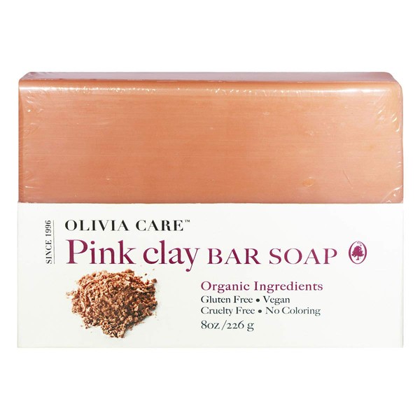 Pink Clay Bar Soap By Olivia Care - 100% Natural, Vegan & Organic - For Face & Body -Detoxify, Exfoliate, Hydrate, Moisturize & Deep Clean - Leave Skin Soft & Silky - Sustainable Palm Oil - 8 OZ