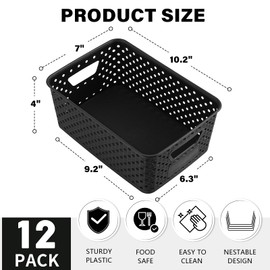 12 Pack Plastic Storage Baskets for Organizing, Storage Baskets for Shelves with Handles, Small Storage Bins with Labels, Classroom Storage Organization for Cabinet,Closet, Office,Black