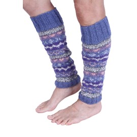 Pachamama Women 100% Wool Legwarmer Handknitted Fair Isle Violet Extra Warm