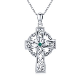 TRISHULA Celtic Cross Necklace, 925 Sterling Silver Good Luck Clover Necklace Irish Celtic Knot Cross Vintage Shamrock Celtic Jewelry Gift for Women Teen