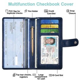 Checkbook Covers- Leather RFID Check Registers for Personal Checkbook，Women&Men Wallets with Checkbook Holder Case (Blue)