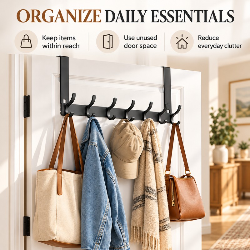 Over The Door Hooks Organizer Rack – No-Drill Aluminum Door