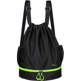 RYACO Drawstring Backpack Sports Gym Bag, Water Resistant String Sackpack Large Size with Zipper and Water Bottle Mesh Pockets for Gym Shopping Sport Yoga School Swimming Beach