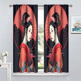 Yoakiet Japanese Geisha Curtains for Home Decor, Asian Japanese Traditional Beautiful Woman Rustic Style Print Blackout Rod Pocket Window Treatments Drapes for Bedroom Kitchen Bathroom42x45in