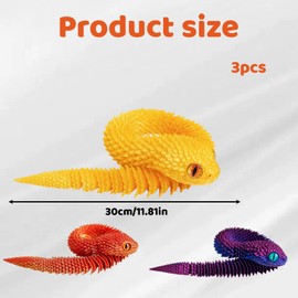 3D Schlange, 3D Gedruckte Tiere Beweglich, 3D Spielzeug für Stressabbau, 3D Schlangen mit Gelenken für Autismus Kinder, Büro Dekoration, 3 Stück in Rot, Lila, Gold