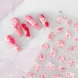 Pink Flowers Nail Art Stickers 5D Embossed Self Adhesive Nail Decals Spring Summer Nail Stickers for Nail Art Flower Nail Design Decoration Accessories for Women and Girls